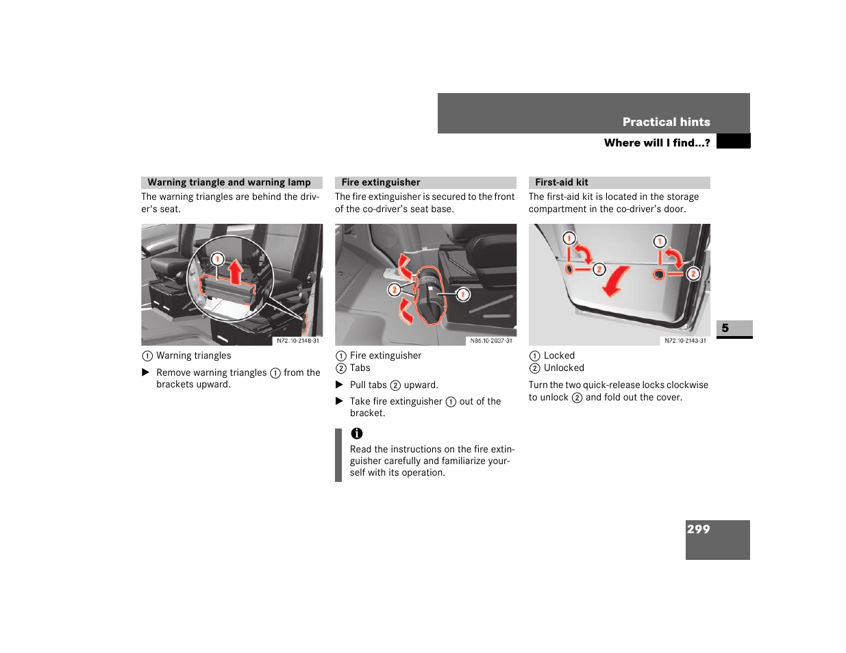 Where will i find, Warning triangle and warning lamp, Fire extinguisher | First-aid kit | Dodge 2007 Sprinter User Manual | Page 300 / 393