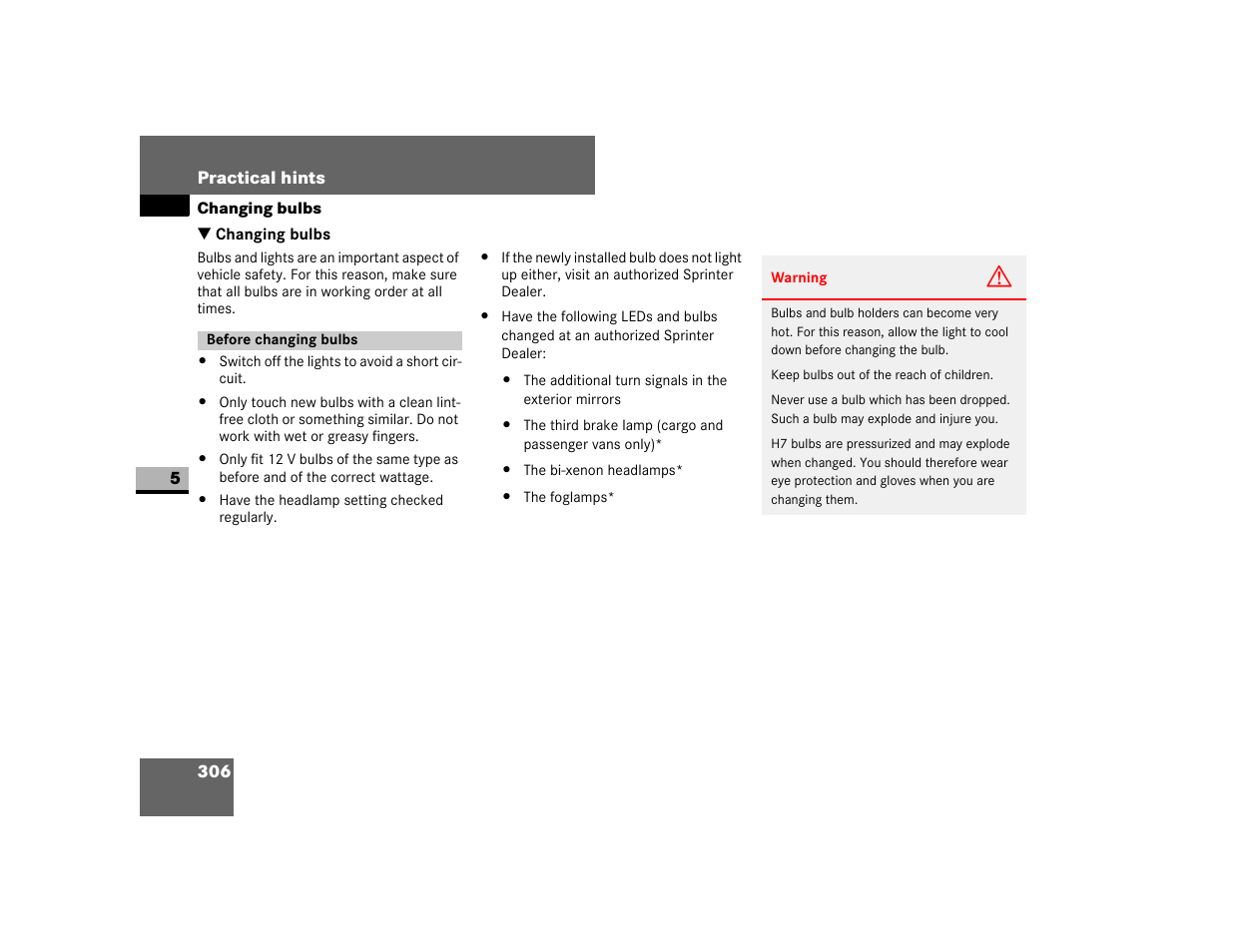 Changing bulbs, Before changing bulbs | Dodge 2007 Sprinter User Manual | Page 307 / 393