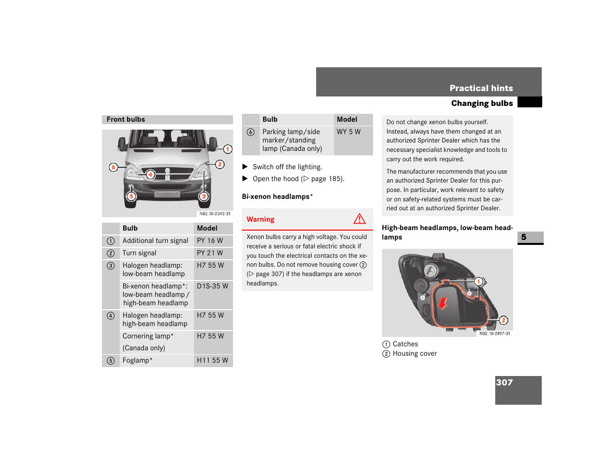 Front bulbs, Bi-xenon headlamps, High-beam headlamps, low-beam headlamps | Dodge 2007 Sprinter User Manual | Page 308 / 393