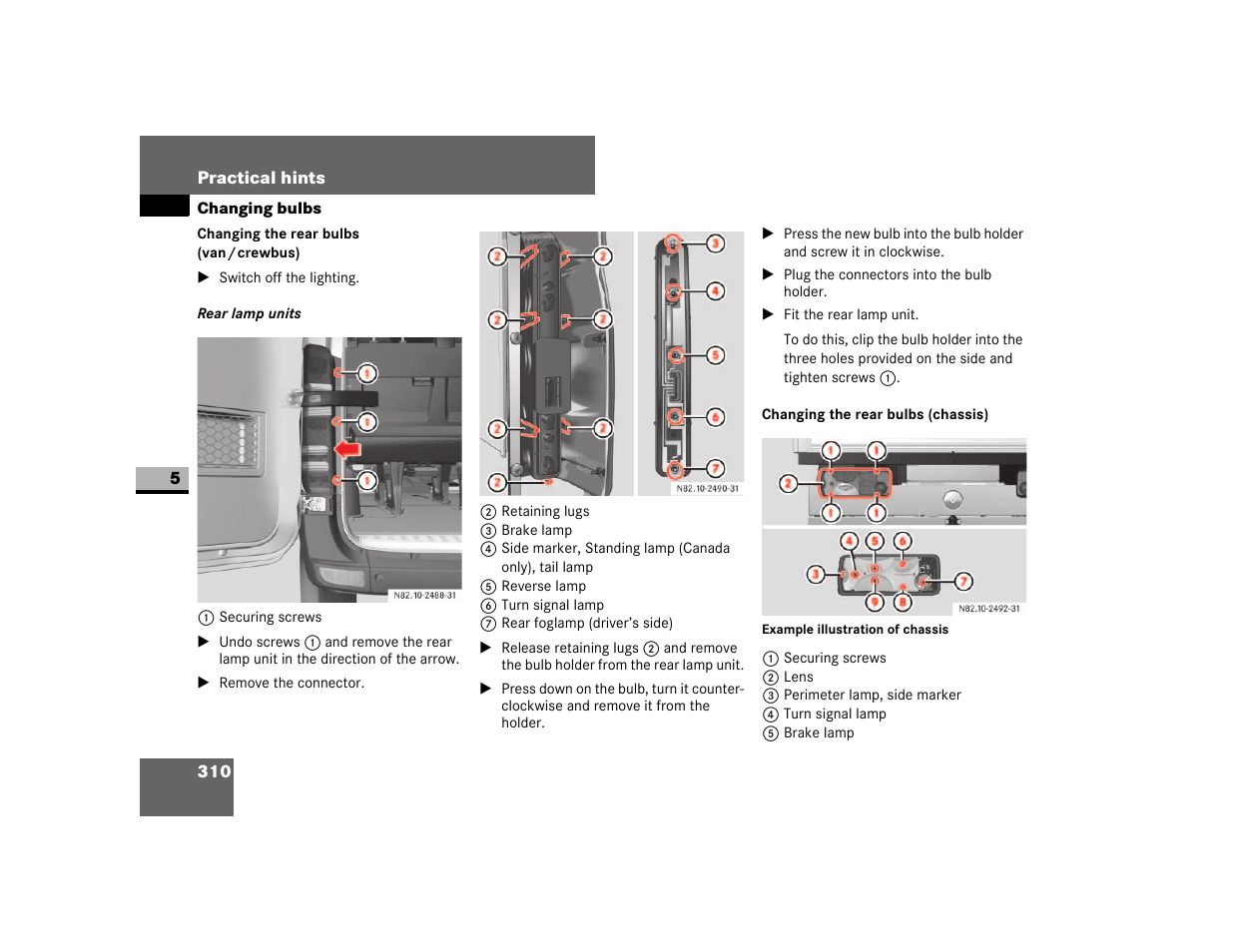 Changing the rear bulbs (chassis) | Dodge 2007 Sprinter User Manual | Page 311 / 393