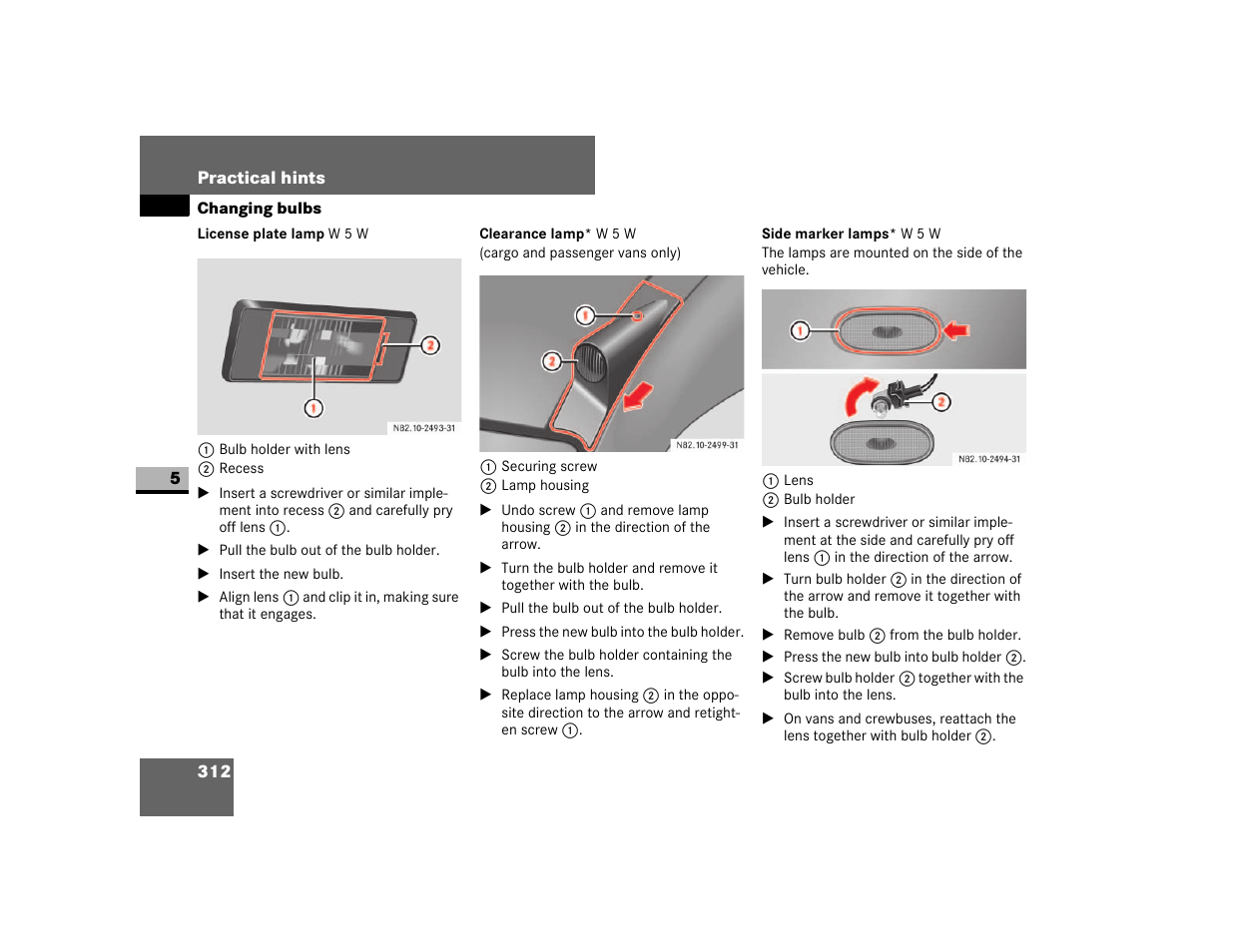 License plate lamp w 5 w, Side marker lamps* w 5 w | Dodge 2007 Sprinter User Manual | Page 313 / 393