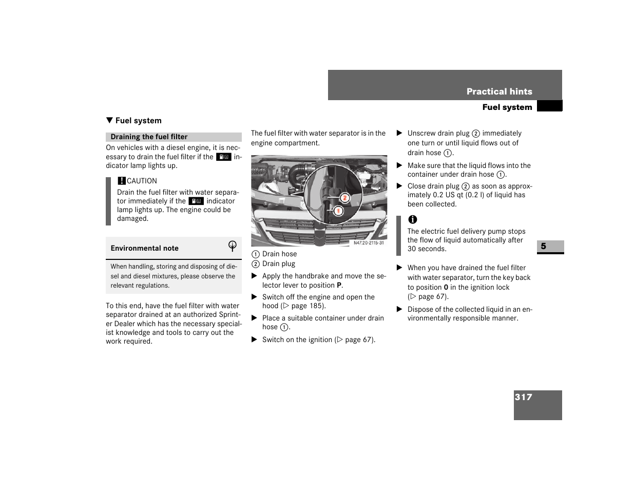 Fuel system, Draining the fuel filter | Dodge 2007 Sprinter User Manual | Page 318 / 393