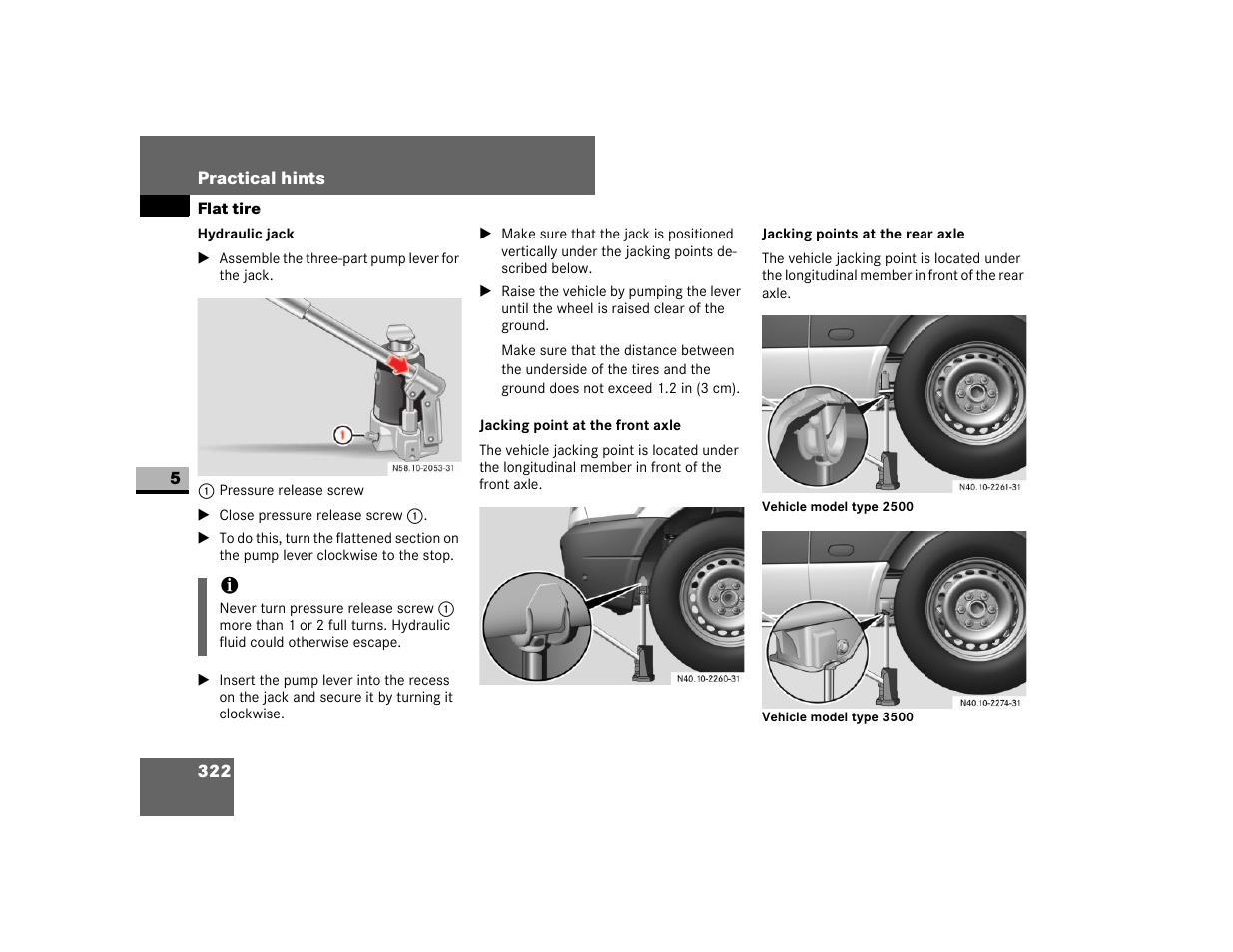 Jacking point at the front axle, Point only | Dodge 2007 Sprinter User Manual | Page 323 / 393