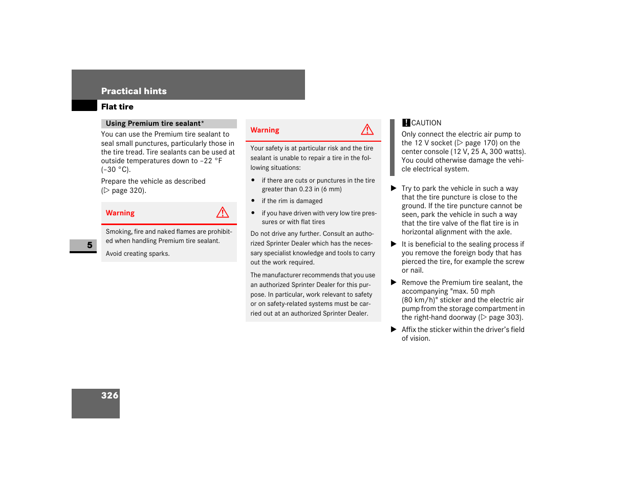 Using premium tire sealant | Dodge 2007 Sprinter User Manual | Page 327 / 393