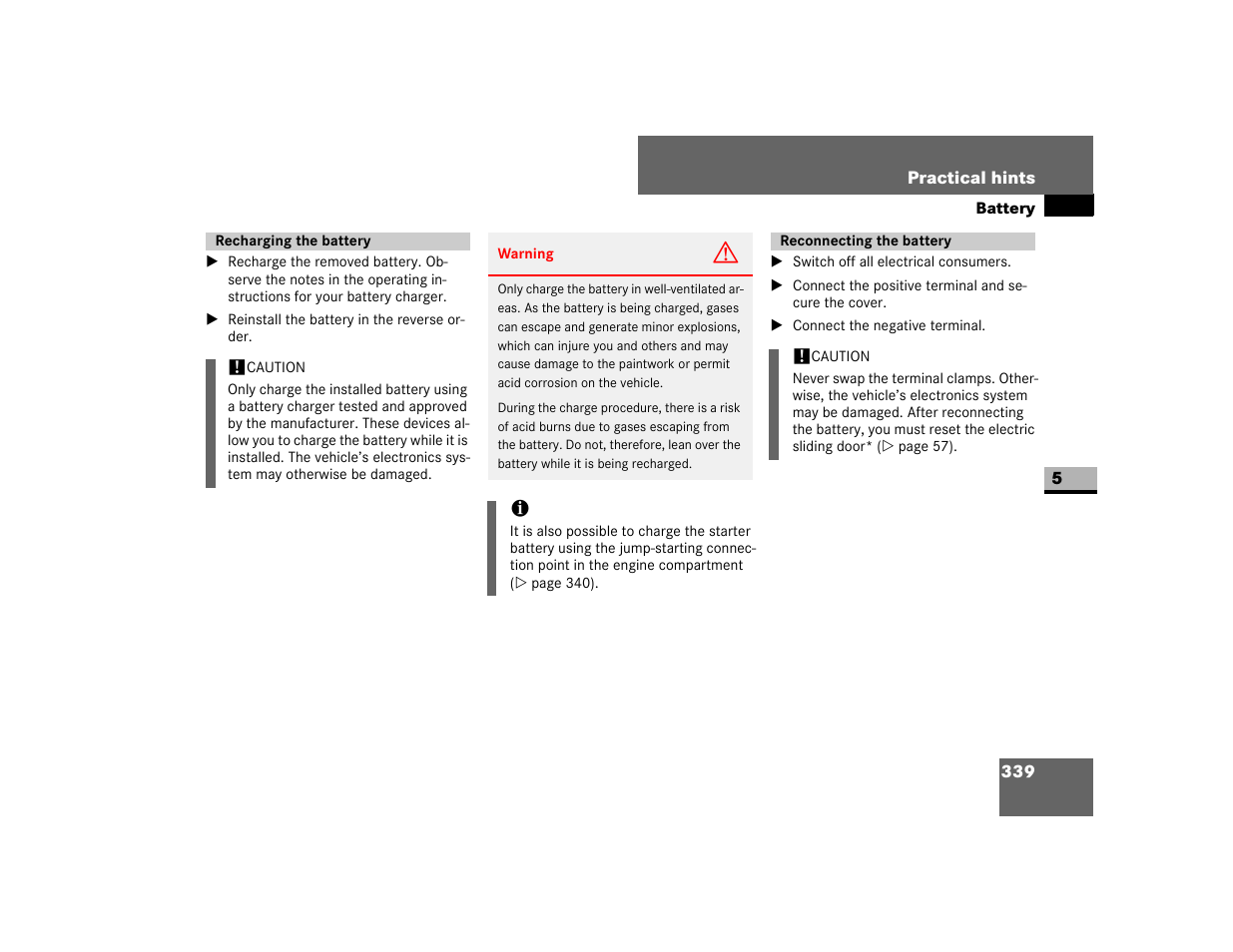 Recharging the battery, Reconnecting the battery | Dodge 2007 Sprinter User Manual | Page 340 / 393