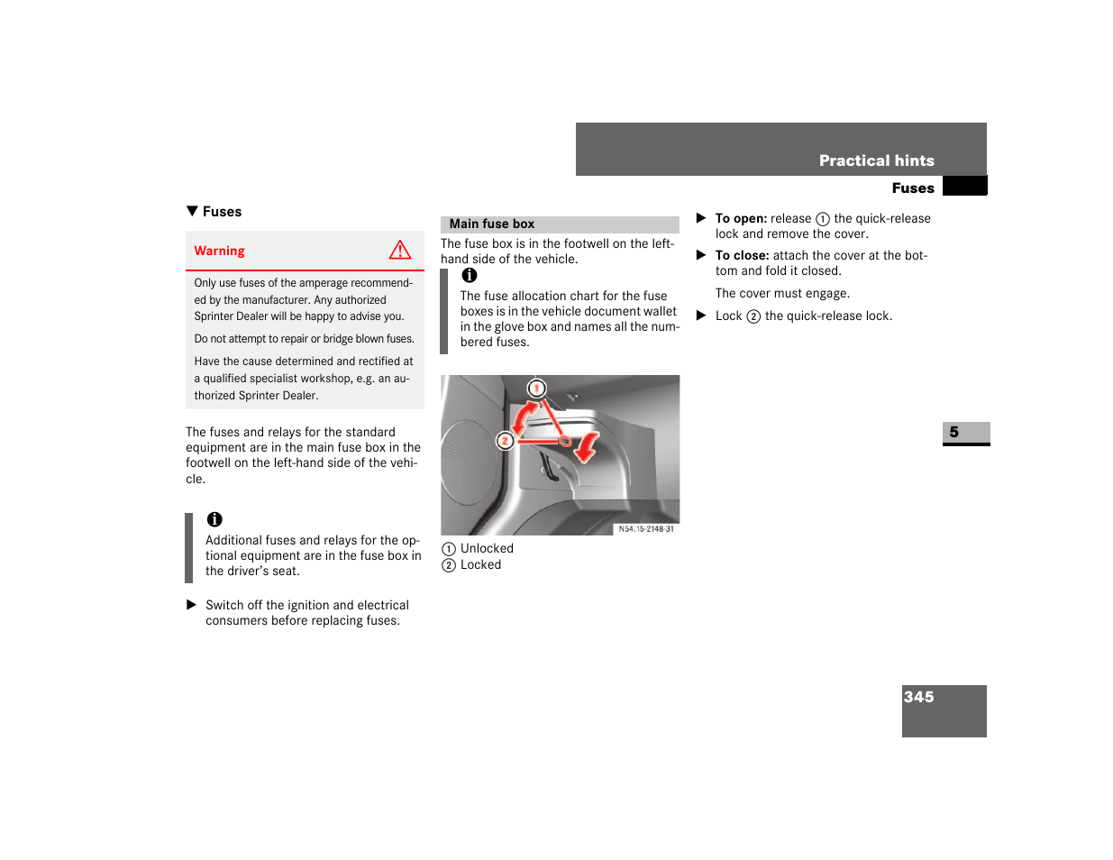 Fuses, Main fuse box | Dodge 2007 Sprinter User Manual | Page 346 / 393