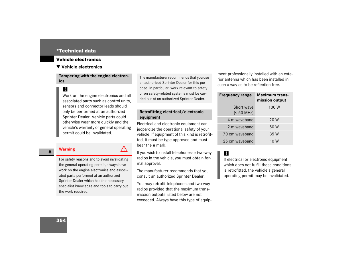 Vehicle electronics, Tampering with the engine electronics, Retrofitting electrical / electronic equipment | Dodge 2007 Sprinter User Manual | Page 355 / 393