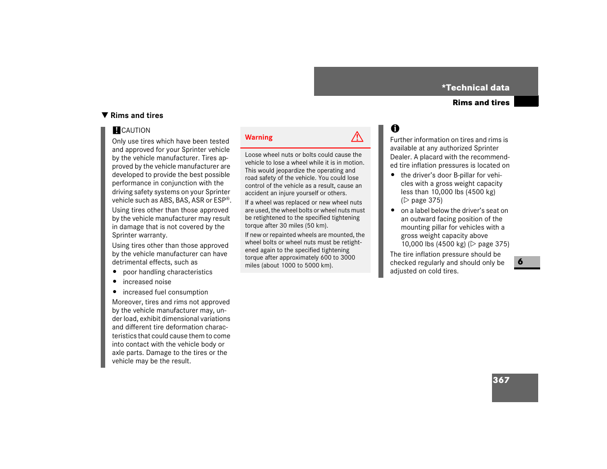 Rims and tires | Dodge 2007 Sprinter User Manual | Page 368 / 393