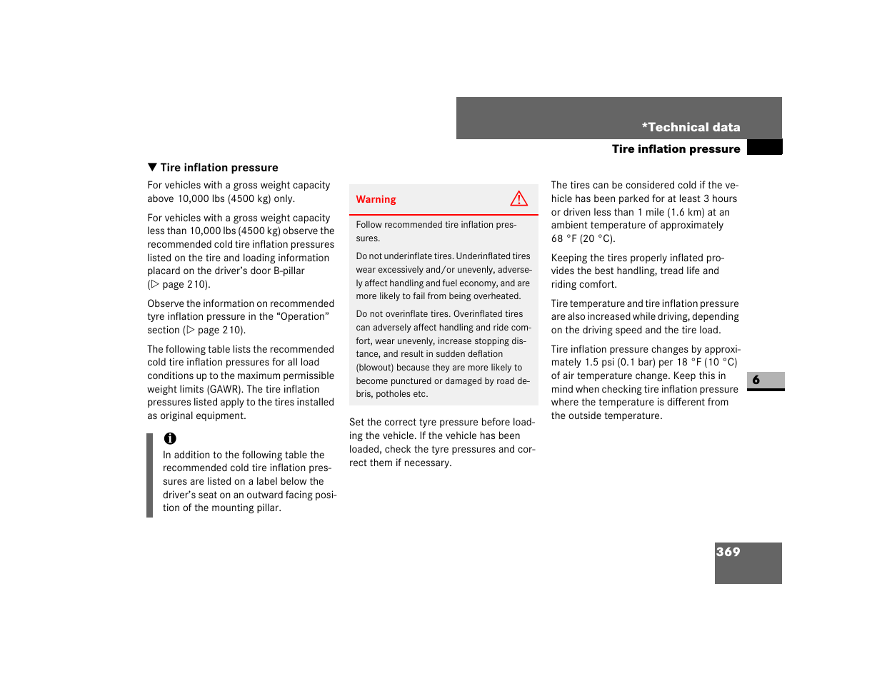 Tire inflation pressure | Dodge 2007 Sprinter User Manual | Page 370 / 393