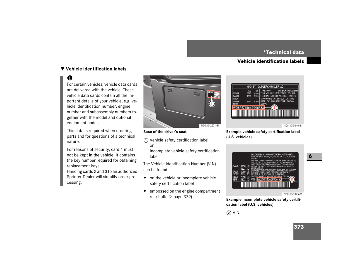 Vehicle identification labels, Vehicle safety certification label | Dodge 2007 Sprinter User Manual | Page 374 / 393