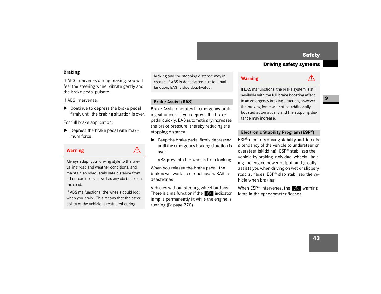 Brake assist (bas), Electronic stability program (esp®) | Dodge 2007 Sprinter User Manual | Page 44 / 393