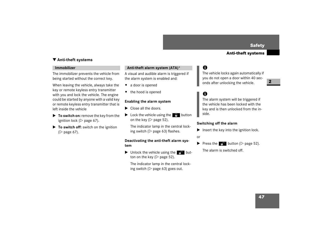Anti-theft systems, Immobilizer, Anti-theft alarm system (ata) | Enabling the alarm system, Deactivating the anti-theft alarm system, Switching off the alarm | Dodge 2007 Sprinter User Manual | Page 48 / 393
