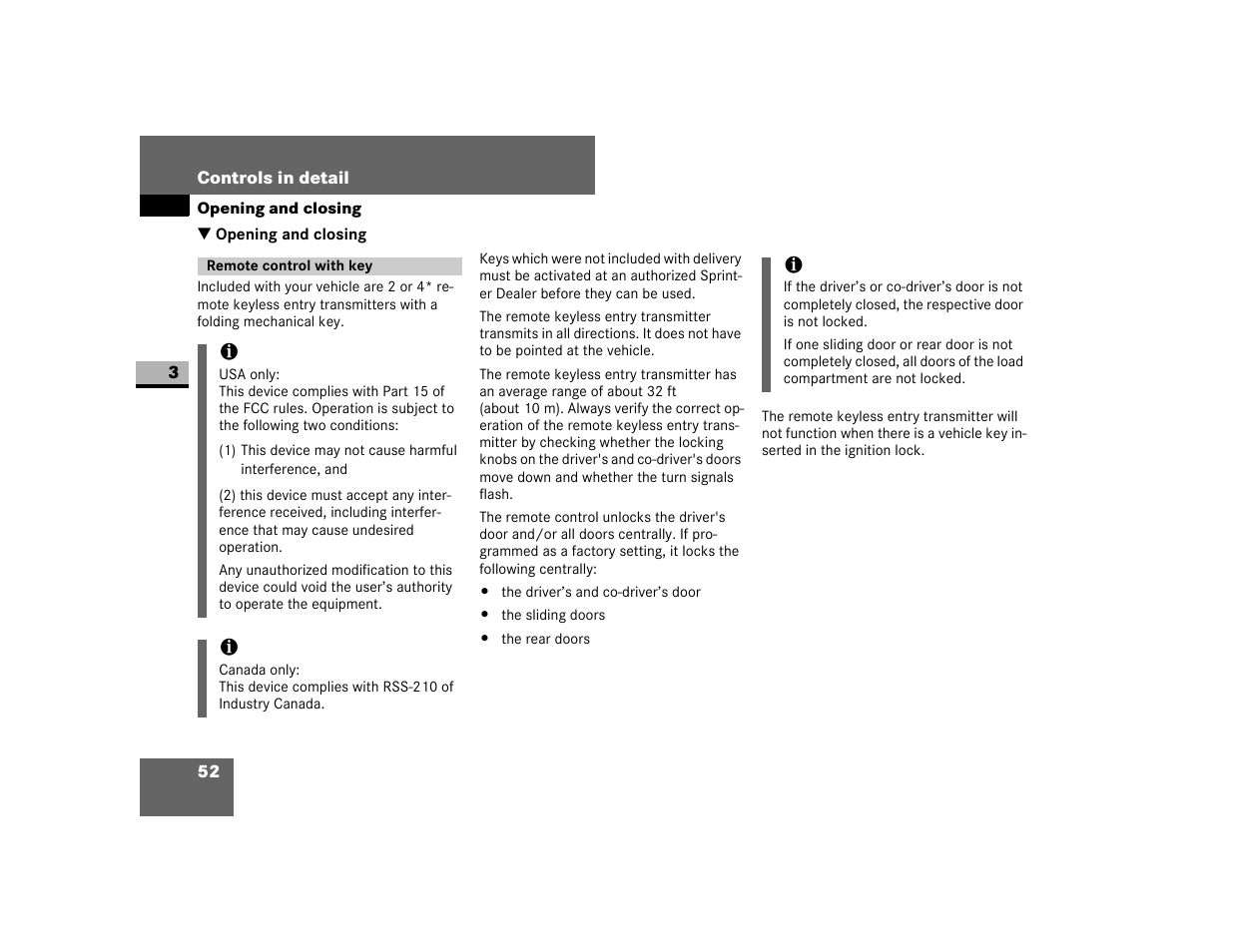 Opening and closing, Remote control with key | Dodge 2007 Sprinter User Manual | Page 53 / 393