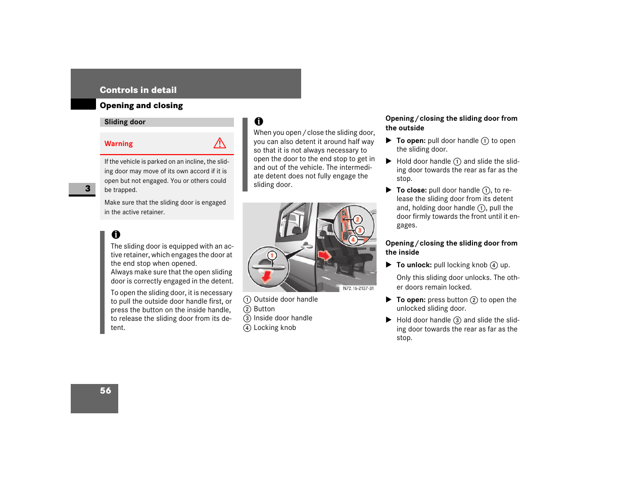 Sliding door, Opening / closing the sliding door from the inside | Dodge 2007 Sprinter User Manual | Page 57 / 393