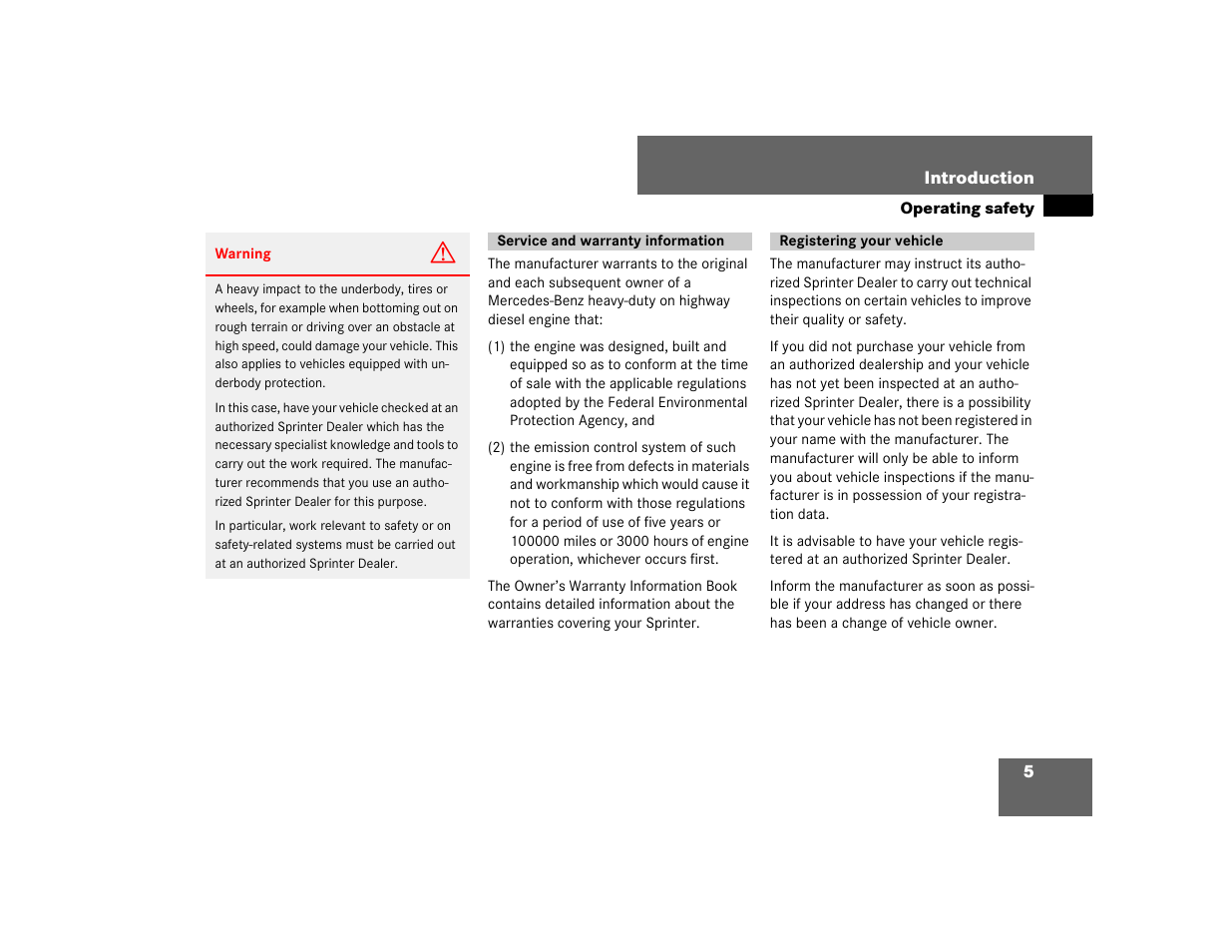 Service and warranty information, Registering your vehicle | Dodge 2007 Sprinter User Manual | Page 6 / 393