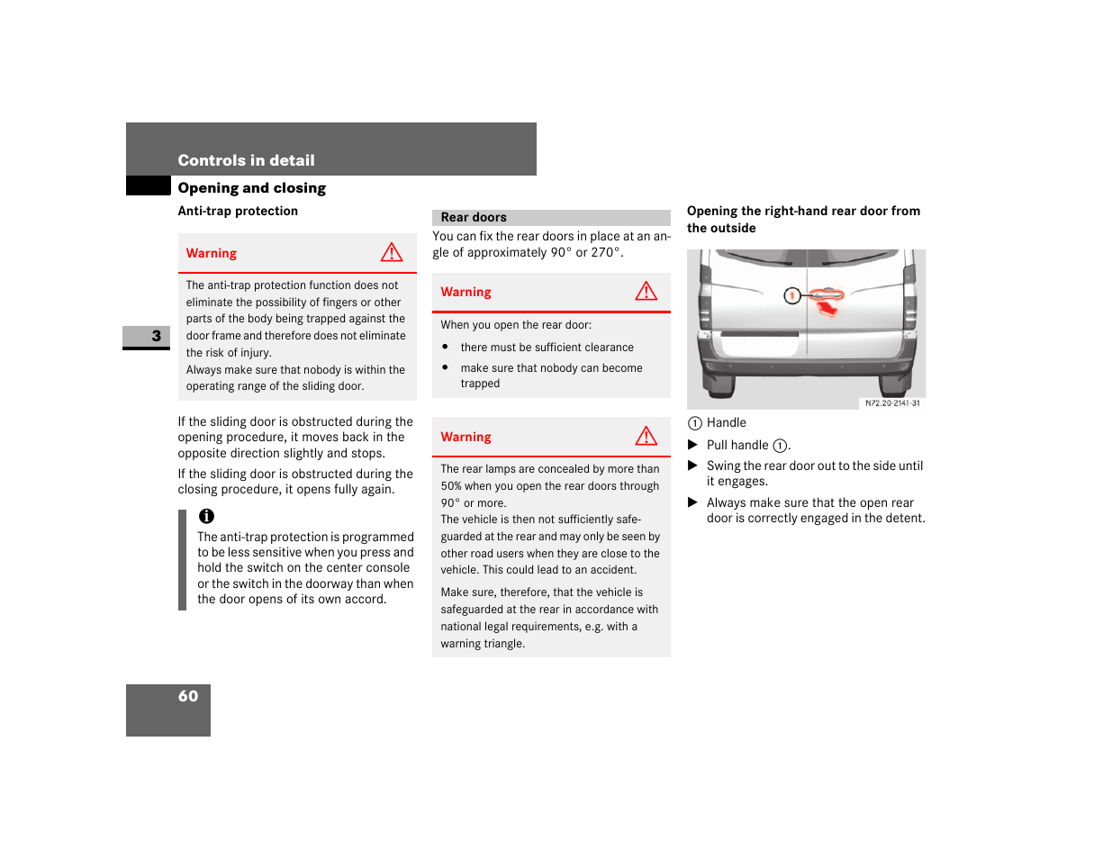 Rear doors, Opening the right-hand rear door from the outside | Dodge 2007 Sprinter User Manual | Page 61 / 393