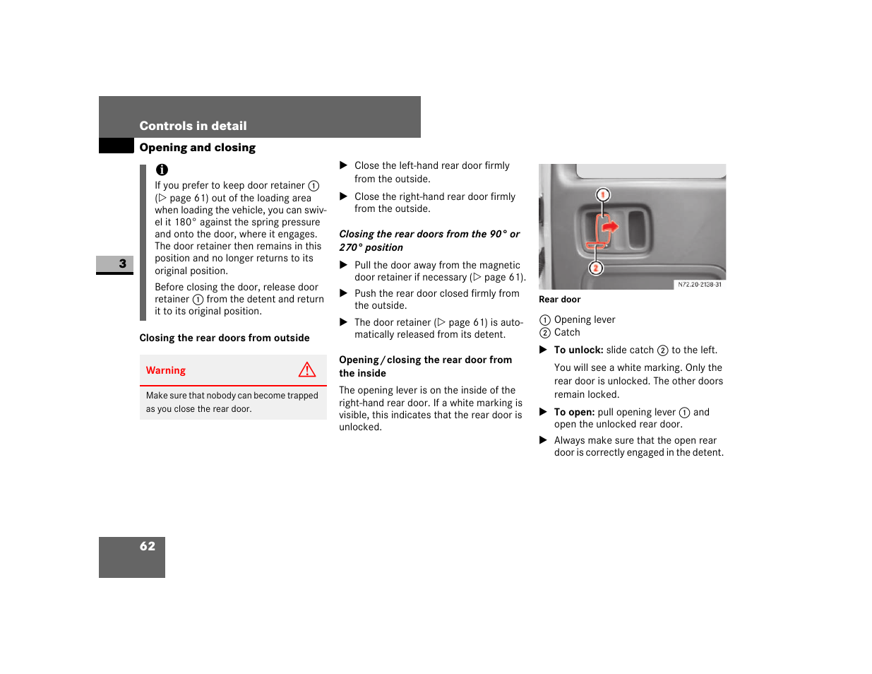 Closing the rear doors from outside, Opening / closing the rear door from the inside | Dodge 2007 Sprinter User Manual | Page 63 / 393
