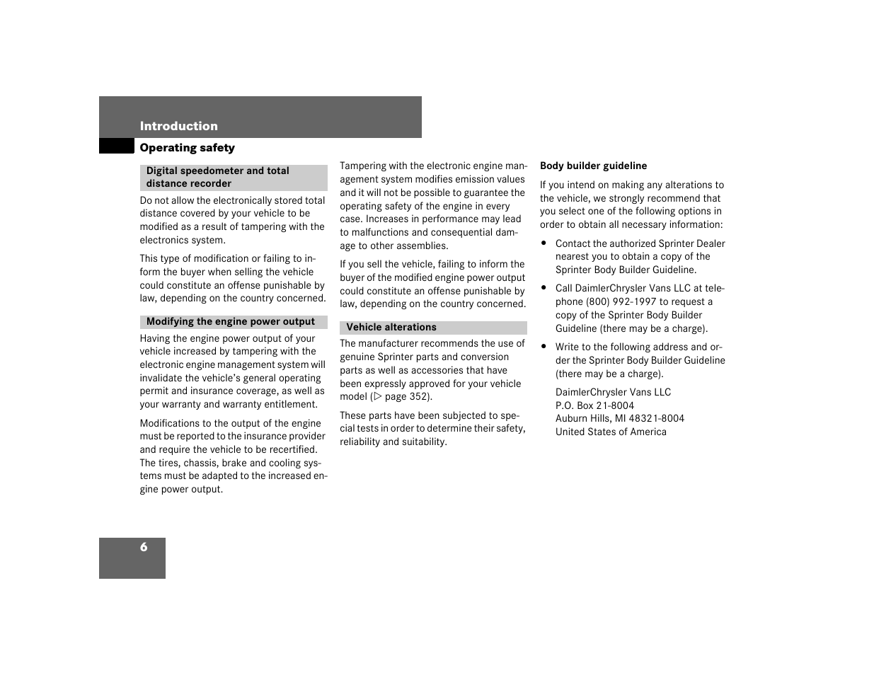 Digital speedometer and total distance recorder, Modifying the engine power output, Vehicle alterations | Dodge 2007 Sprinter User Manual | Page 7 / 393