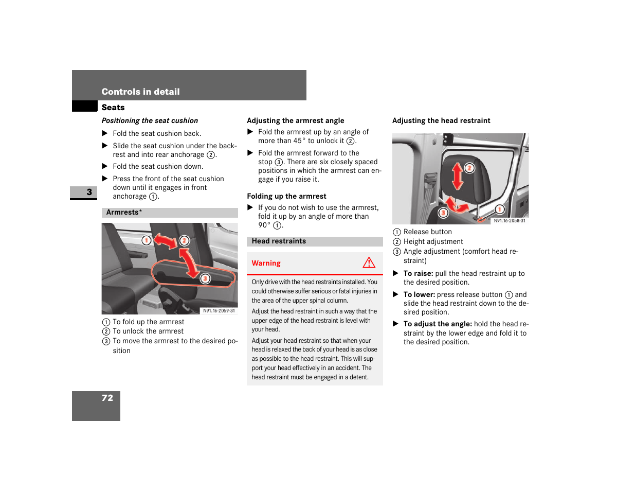 Armrests, Adjusting the armrest angle, Head restraints | Dodge 2007 Sprinter User Manual | Page 73 / 393