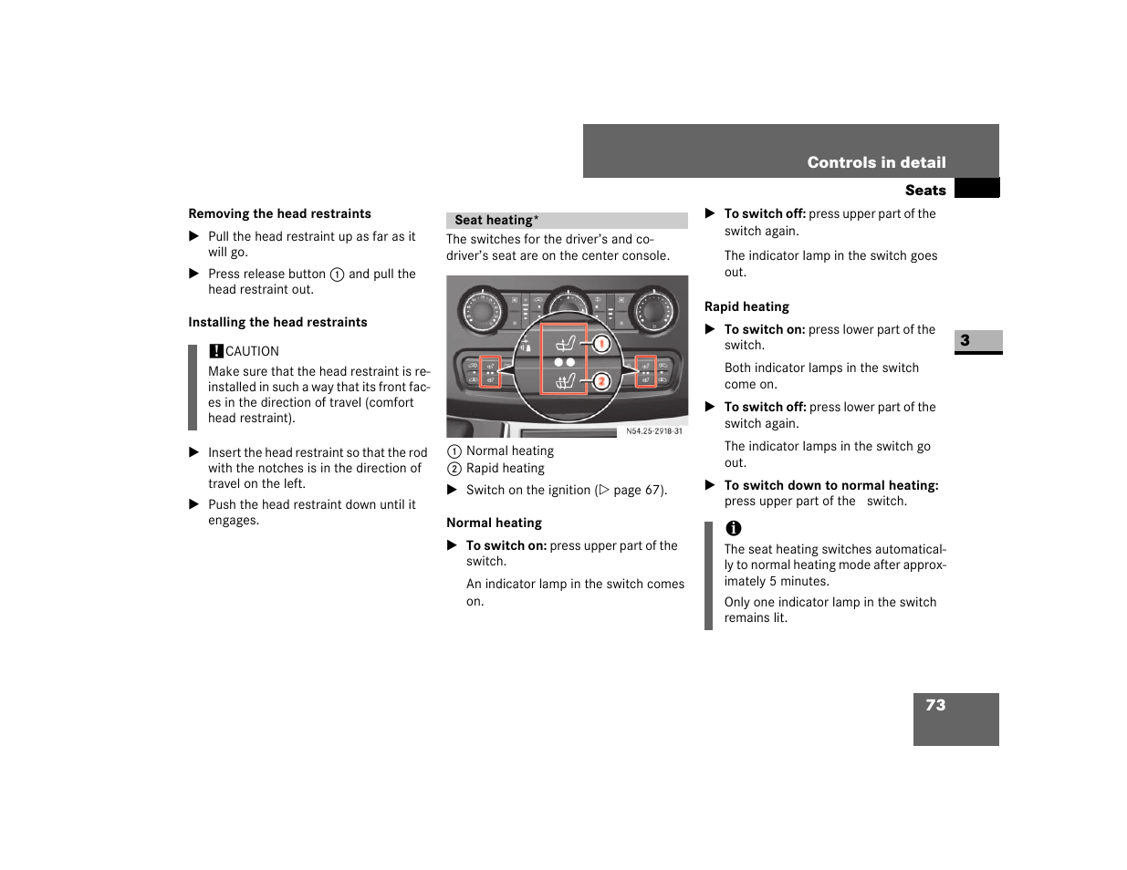 Installing the head restraints, Seat heating, Normal heating | Rapid heating | Dodge 2007 Sprinter User Manual | Page 74 / 393