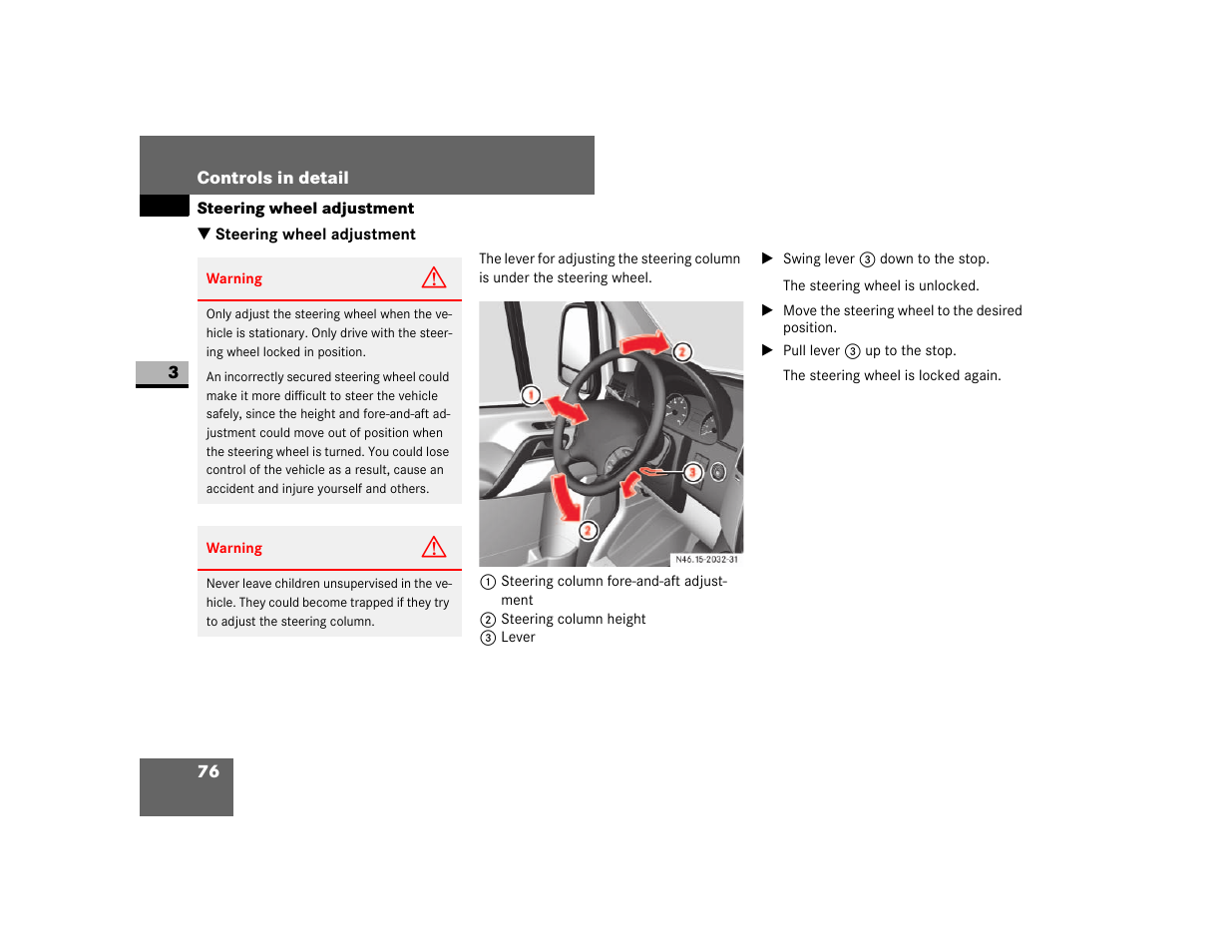 Steering wheel adjustment | Dodge 2007 Sprinter User Manual | Page 77 / 393