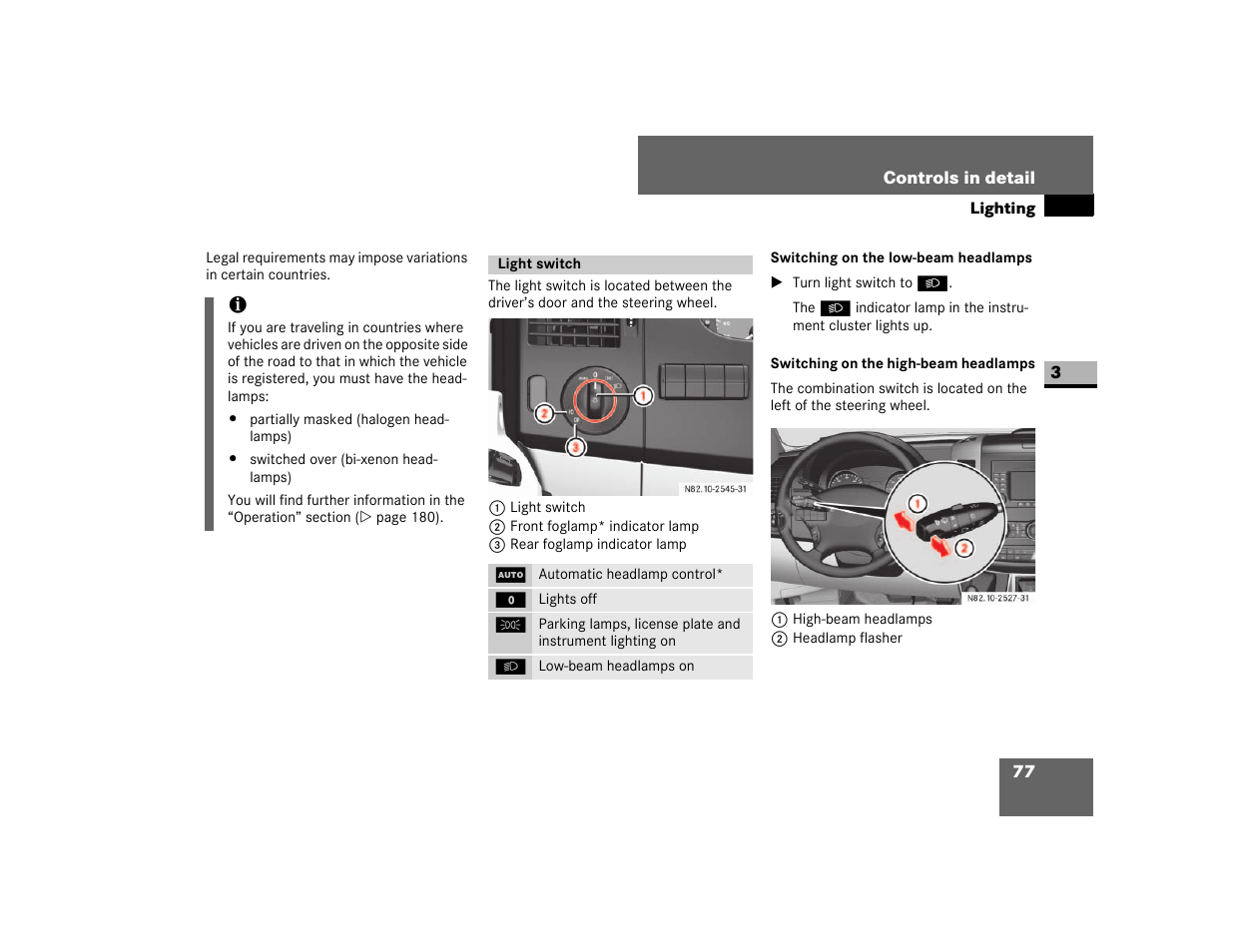Light switch, Switching on the high-beam headlamps, Lighting | Dodge 2007 Sprinter User Manual | Page 78 / 393