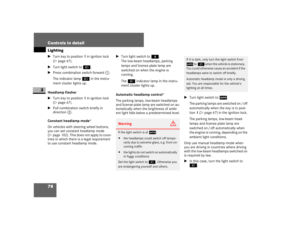 Headlamp flasher, Constant headlamp mode, Automatic headlamp control | Dodge 2007 Sprinter User Manual | Page 79 / 393