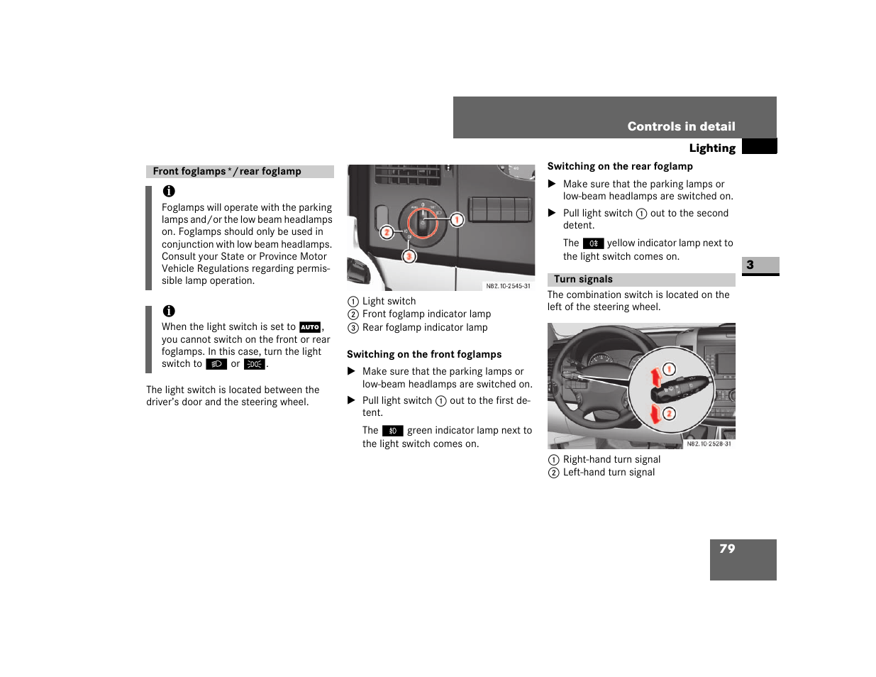 Front foglamps */ rear foglamp, Switching on the front foglamps, Turn signals | Dodge 2007 Sprinter User Manual | Page 80 / 393