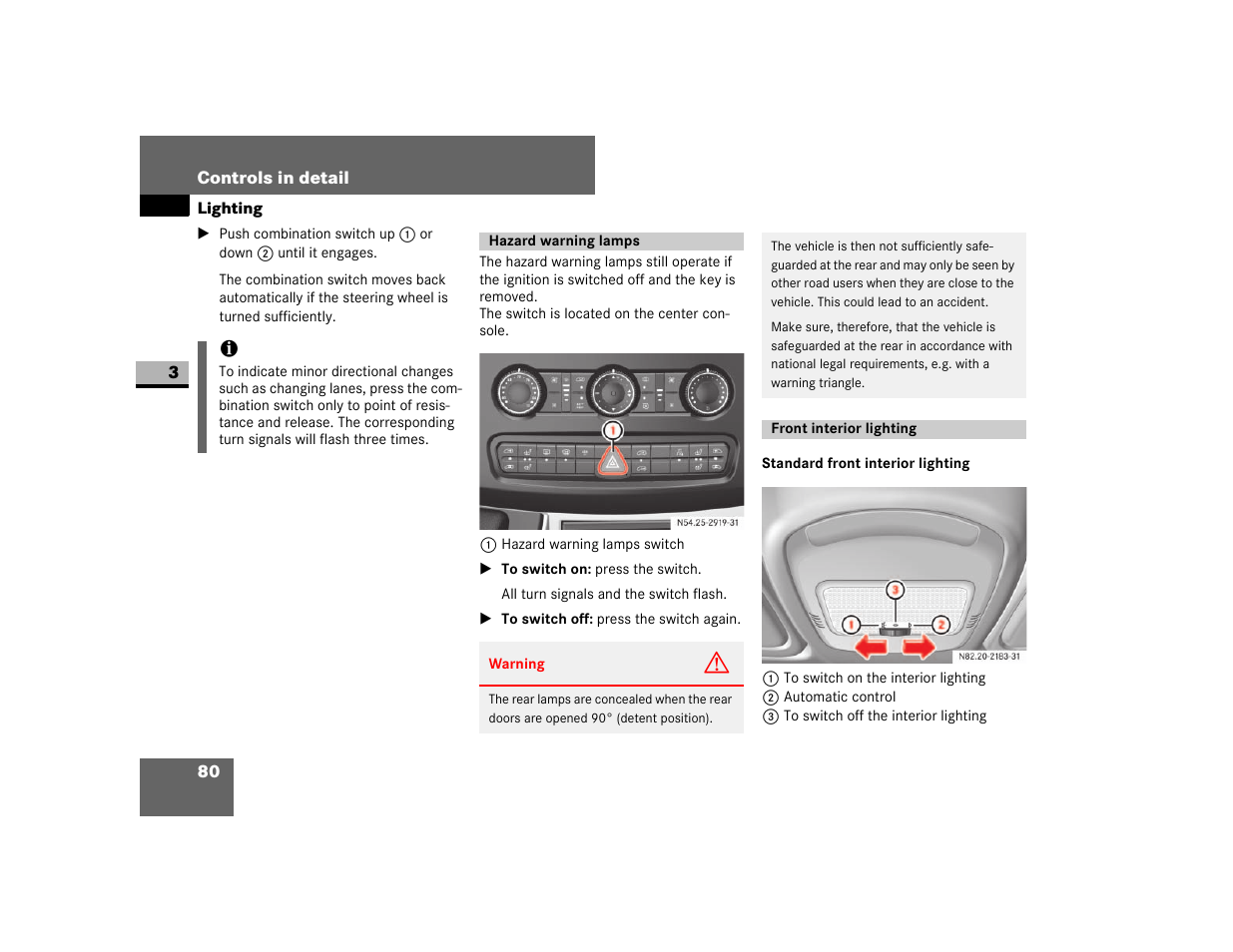 Hazard warning lamps, Front interior lighting, Standard front interior lighting | Dodge 2007 Sprinter User Manual | Page 81 / 393