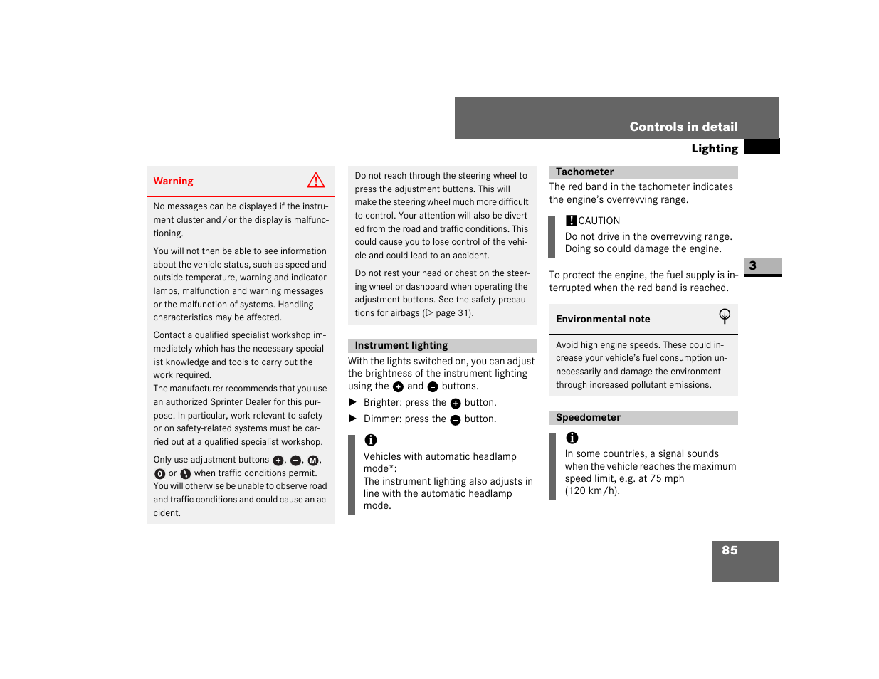 Instrument lighting, Tachometer, Speedometer | Dodge 2007 Sprinter User Manual | Page 86 / 393