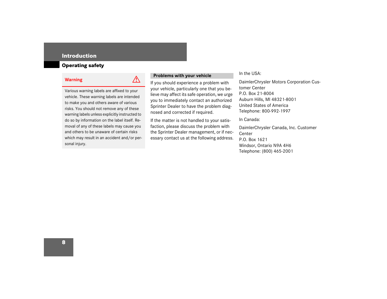 Problems with your vehicle | Dodge 2007 Sprinter User Manual | Page 9 / 393