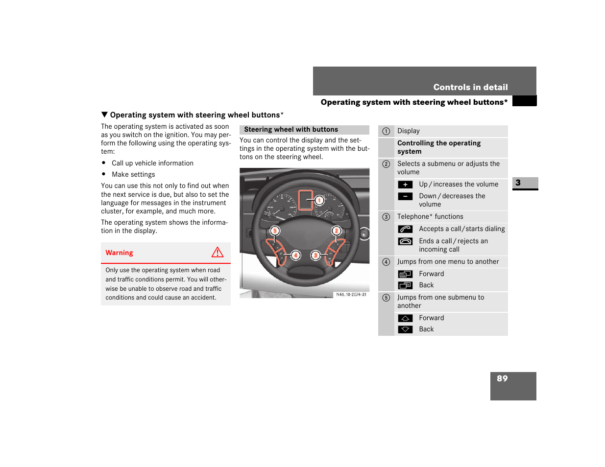 Operating system with steering wheel buttons, Steering wheel with buttons | Dodge 2007 Sprinter User Manual | Page 90 / 393
