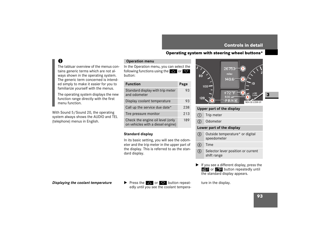 Operation menu, Standard display | Dodge 2007 Sprinter User Manual | Page 94 / 393