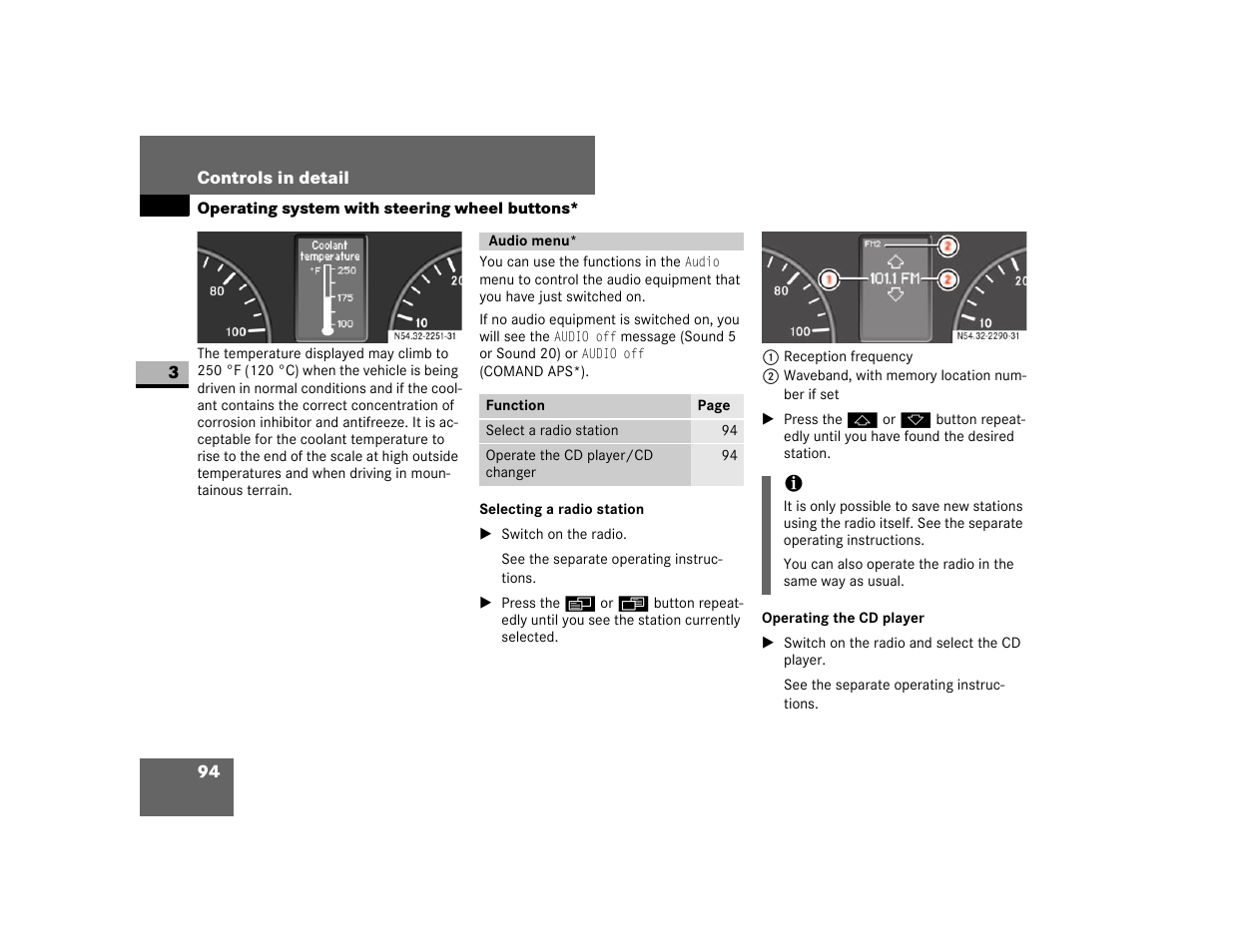 Audio menu, Selecting a radio station, Operating the cd player | Dodge 2007 Sprinter User Manual | Page 95 / 393