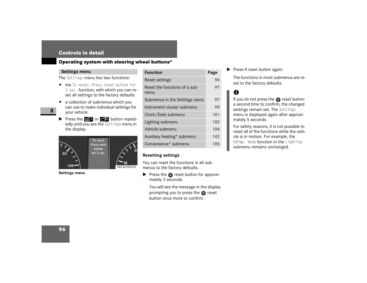 Settings menu, Resetting settings | Dodge 2007 Sprinter User Manual | Page 97 / 393