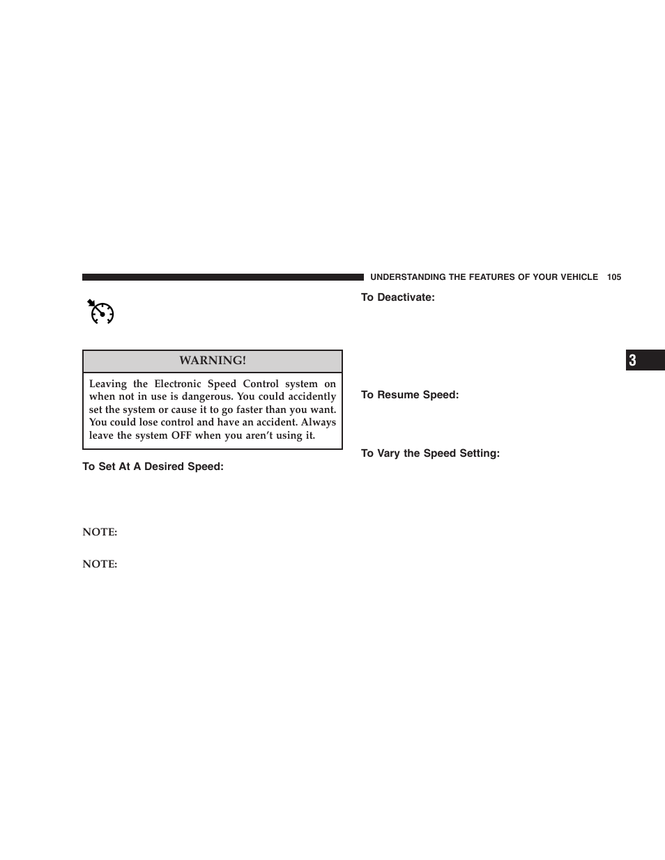 To set at a desired speed, To deactivate, To resume speed | To vary the speed setting | Dodge 2006 LX Magnum SRT8 User Manual | Page 105 / 344