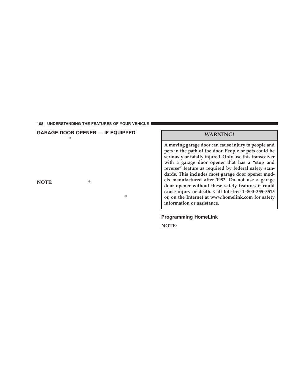 Garage door opener — if equipped, Programming homelink | Dodge 2006 LX Magnum SRT8 User Manual | Page 108 / 344