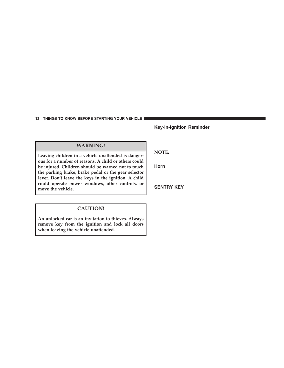 Key-in-ignition reminder, Horn, Sentry key | Dodge 2006 LX Magnum SRT8 User Manual | Page 12 / 344