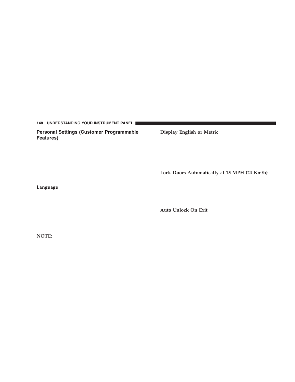 Personal settings, Customer programmable features) | Dodge 2006 LX Magnum SRT8 User Manual | Page 148 / 344