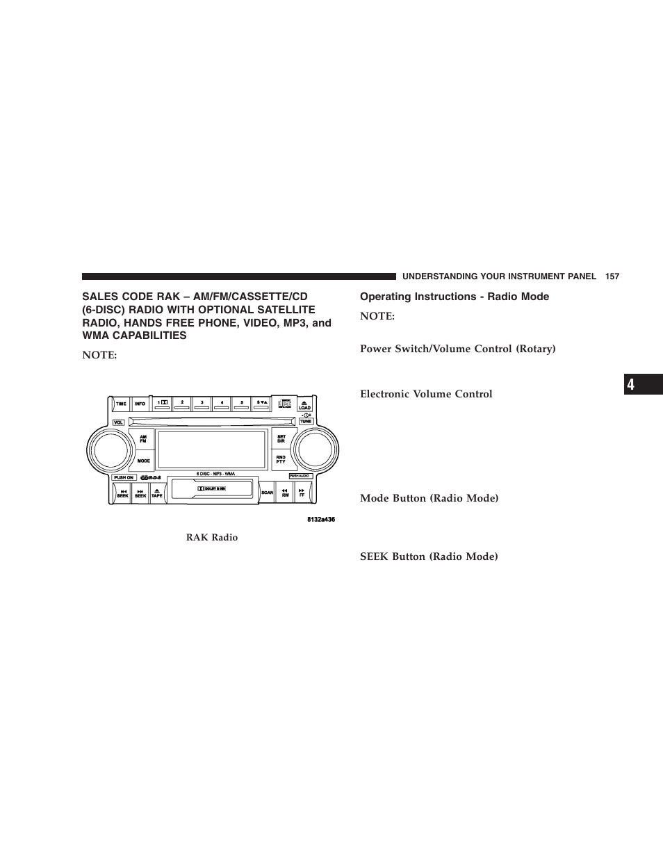 Sales code rak – am/fm/cassette/cd, Operating instructions - radio mode | Dodge 2006 LX Magnum SRT8 User Manual | Page 157 / 344