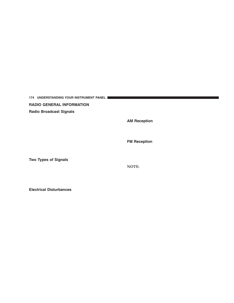 Radio general information, Radio broadcast signals, Two types of signals | Electrical disturbances, Am reception, Fm reception | Dodge 2006 LX Magnum SRT8 User Manual | Page 174 / 344