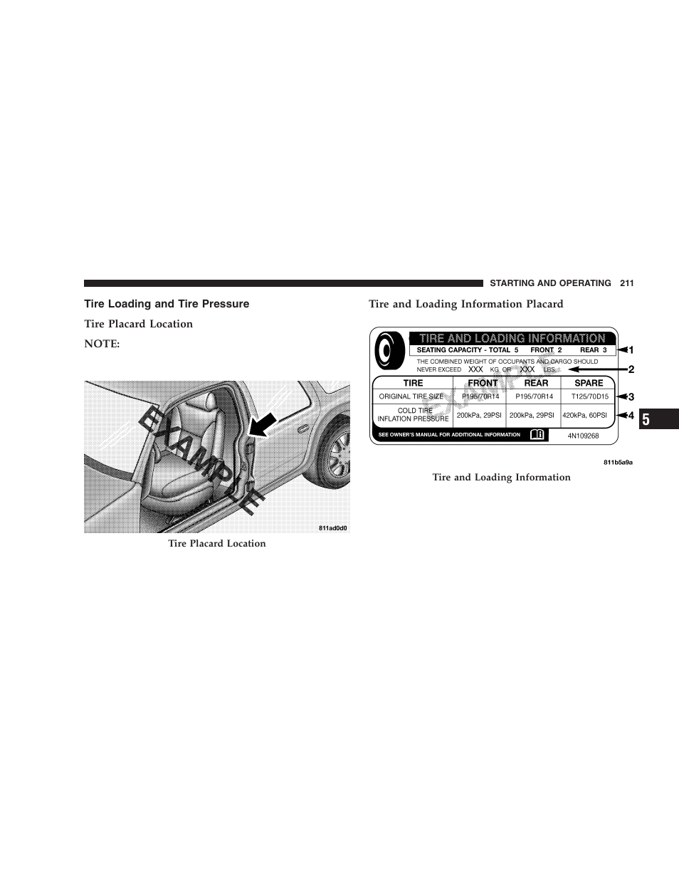 Tire loading and tire pressure | Dodge 2006 LX Magnum SRT8 User Manual | Page 211 / 344