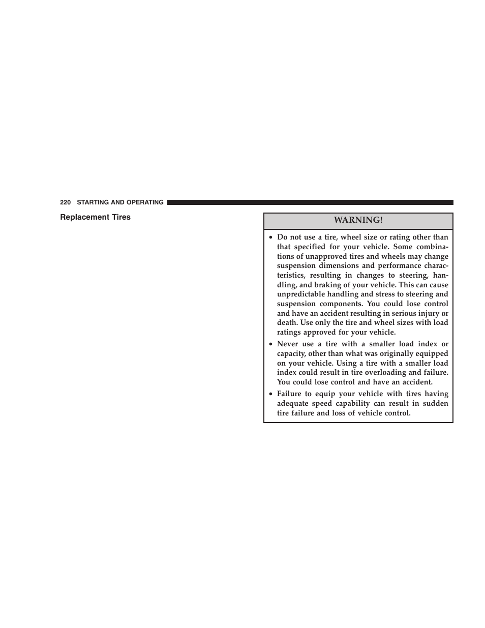 Replacement tires | Dodge 2006 LX Magnum SRT8 User Manual | Page 220 / 344