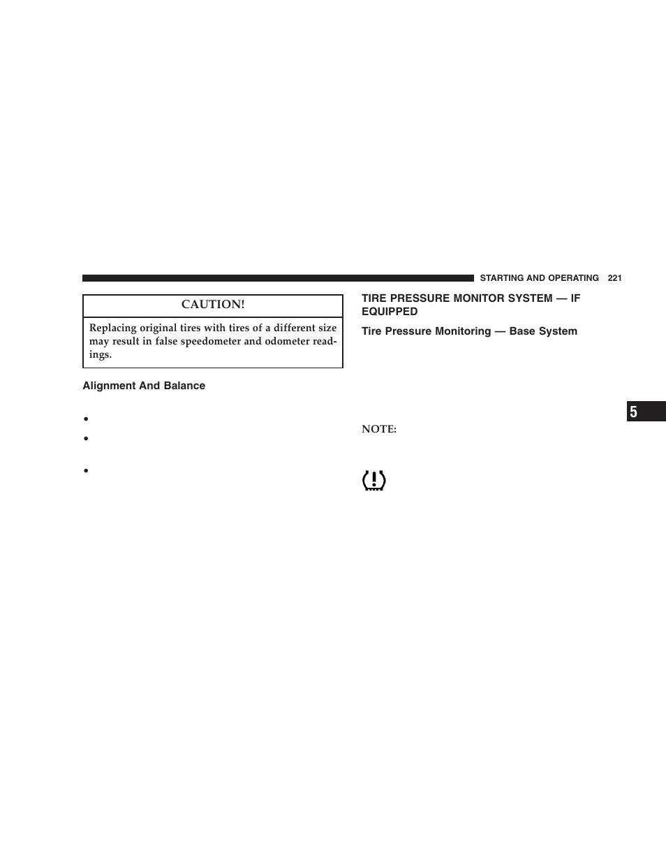 Alignment and balance, Tire pressure monitor system, If equipped | Tire pressure monitoring — base system | Dodge 2006 LX Magnum SRT8 User Manual | Page 221 / 344