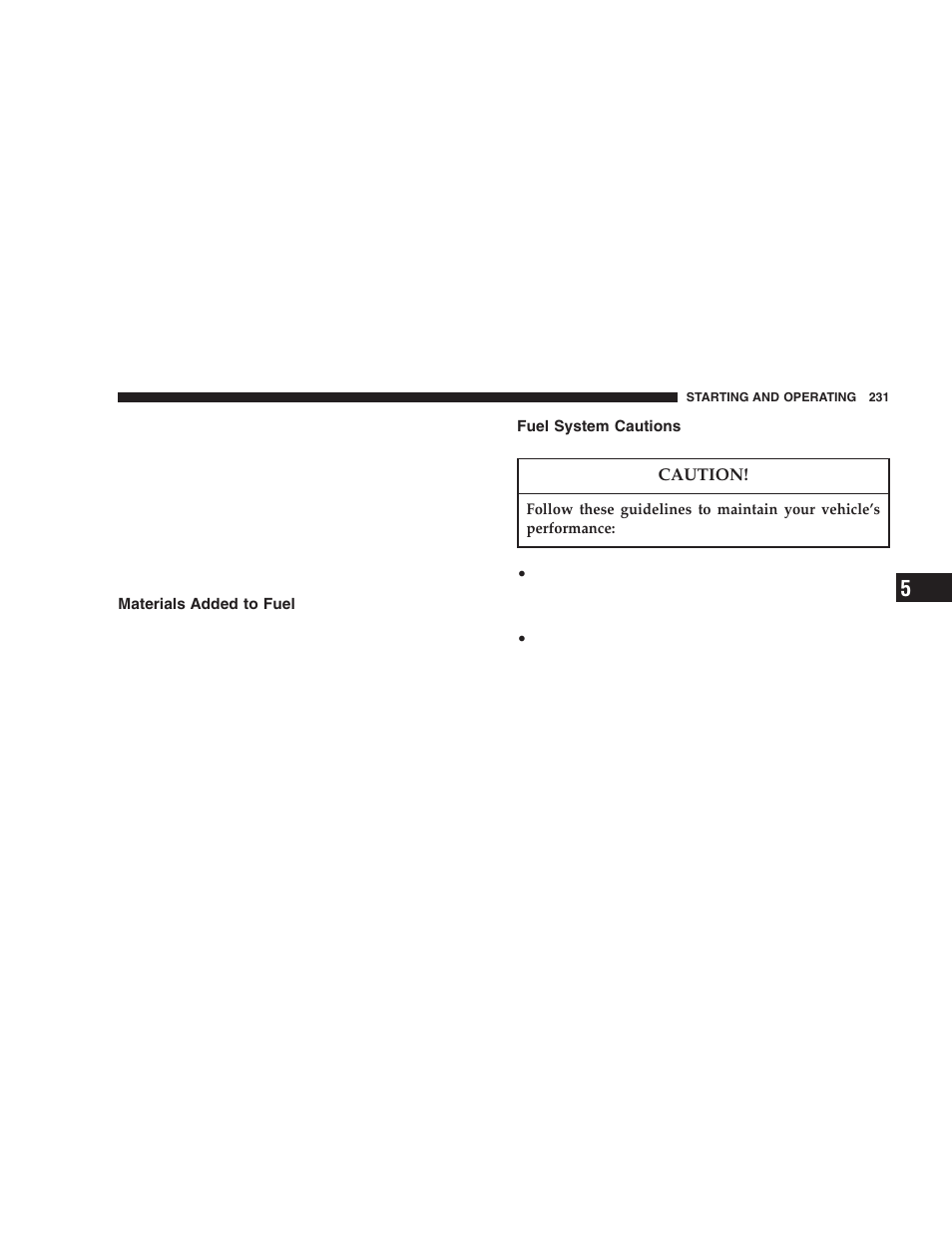 Materials added to fuel, Fuel system cautions | Dodge 2006 LX Magnum SRT8 User Manual | Page 231 / 344