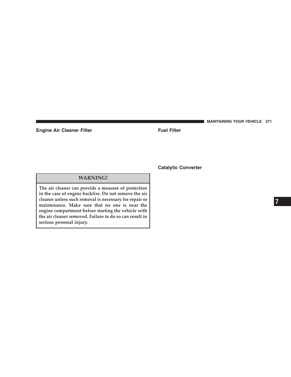 Engine air cleaner filter, Fuel filter, Catalytic converter | Dodge 2006 LX Magnum SRT8 User Manual | Page 271 / 344