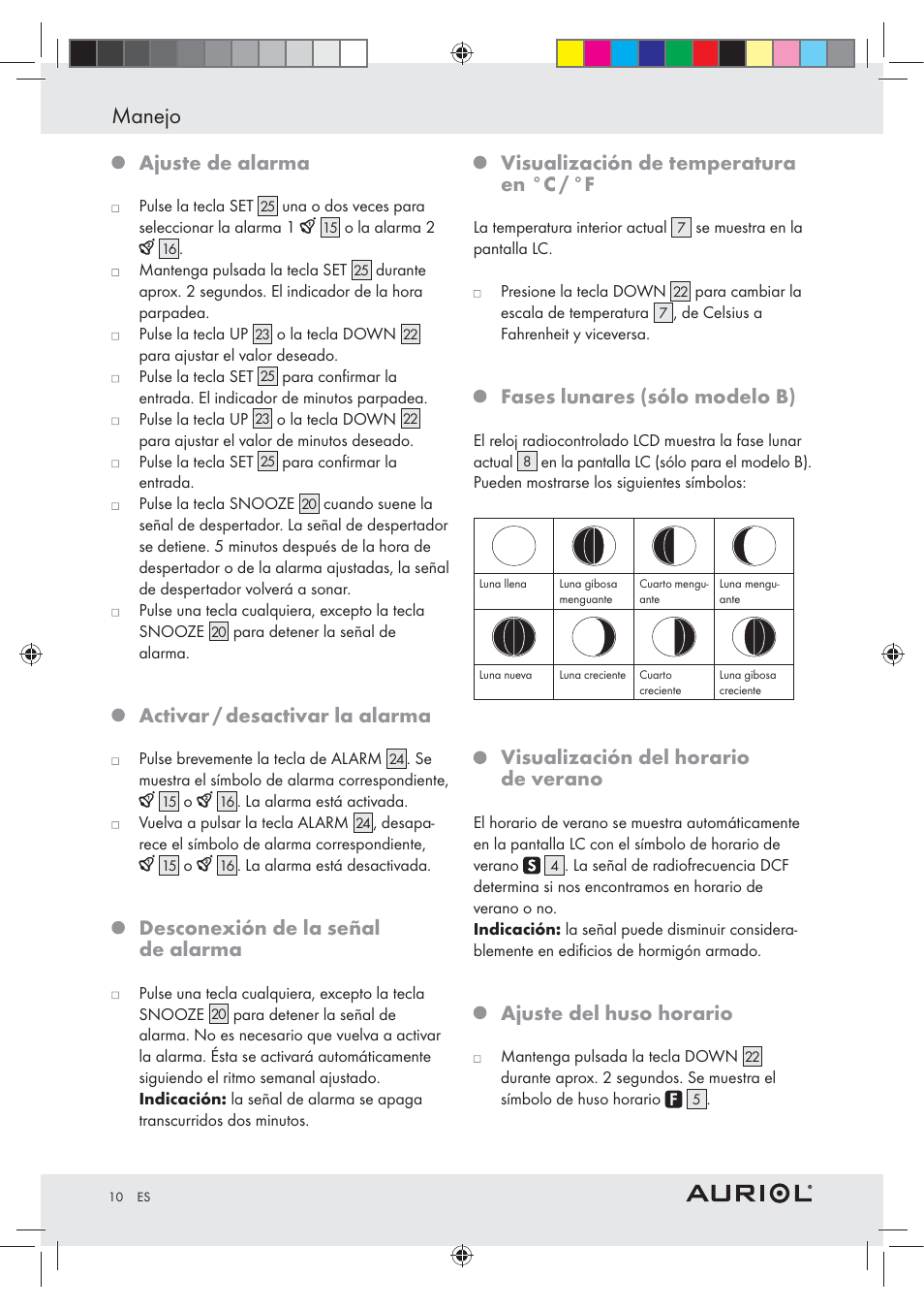 Manejo, Ajuste de alarma, Activar / desactivar la alarma | Desconexión de la señal de alarma, Visualización de temperatura en °c / °f, Fases lunares (sólo modelo b), Visualización del horario de verano, Ajuste del huso horario | Auriol Z30237B_C User Manual | Page 10 / 45