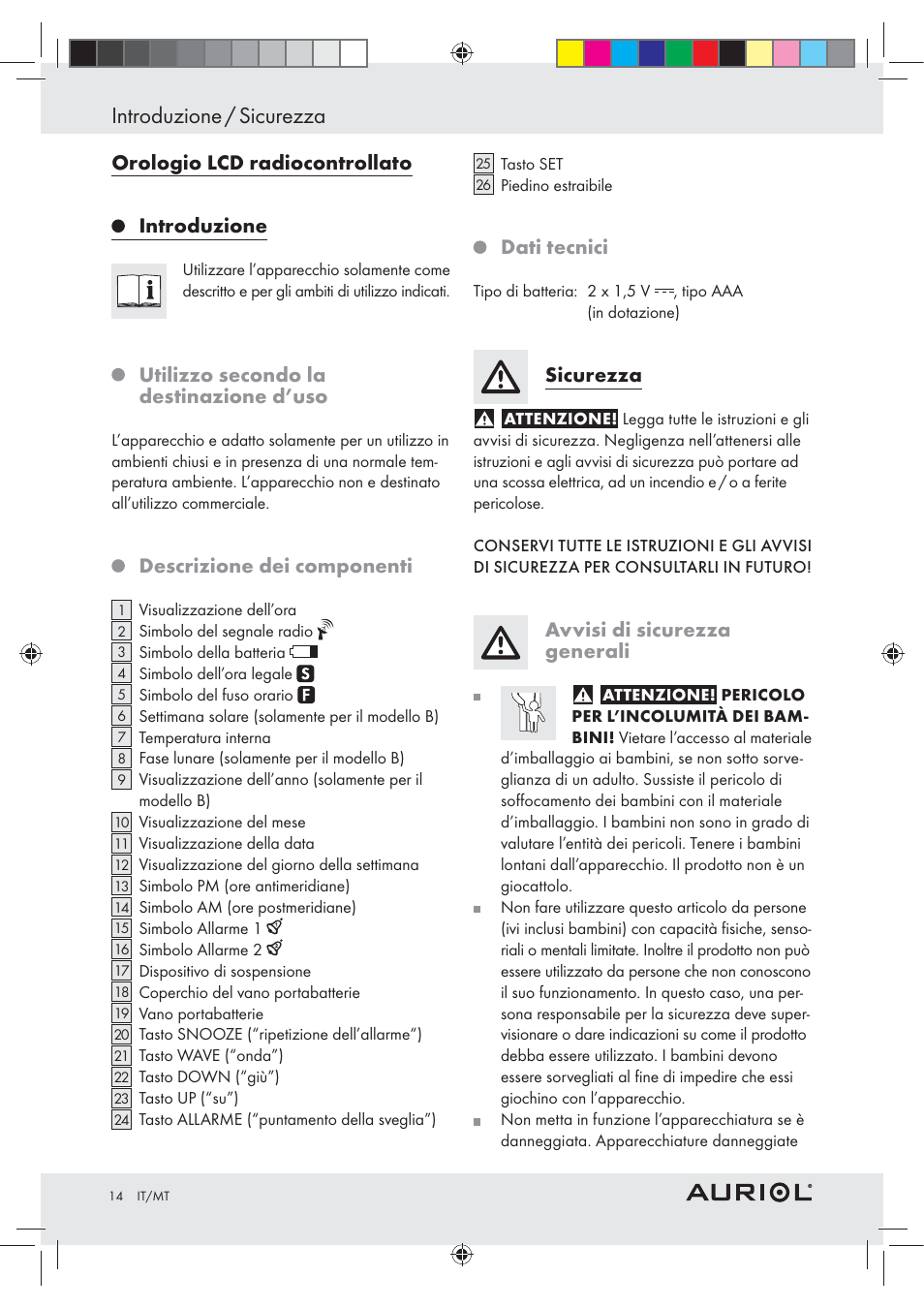 Introduzione / sicurezza, Orologio lcd radiocontrollato introduzione, Utilizzo secondo la destinazione d’uso | Descrizione dei componenti, Dati tecnici, Sicurezza, Avvisi di sicurezza generali | Auriol Z30237B_C User Manual | Page 14 / 45