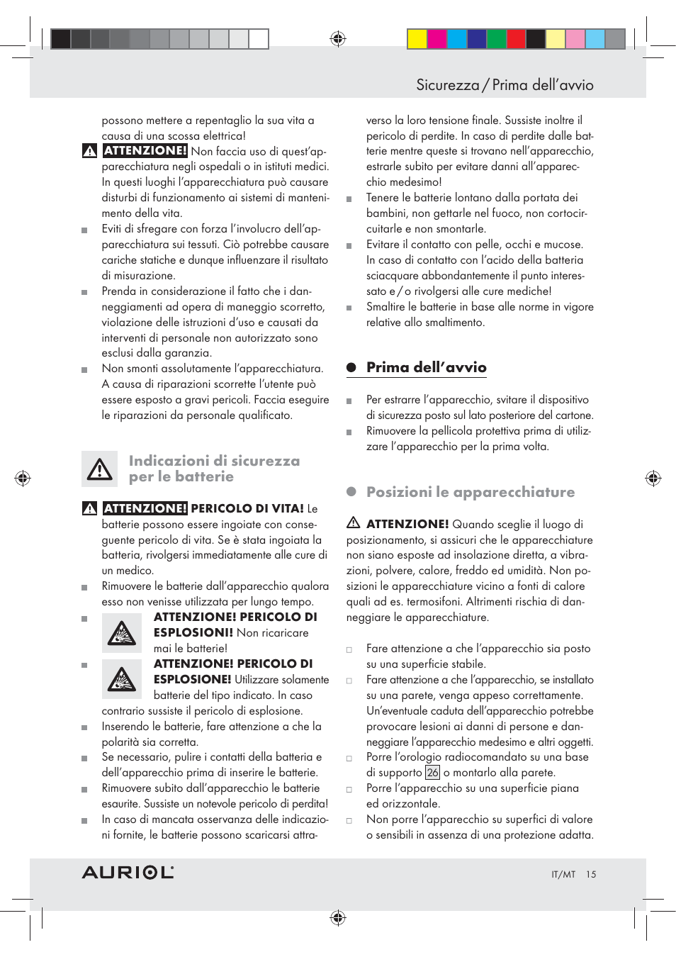 Sicurezza / prima dell’avvio, Indicazioni di sicurezza per le batterie, Prima dell’avvio | Posizioni le apparecchiature | Auriol Z30237B_C User Manual | Page 15 / 45