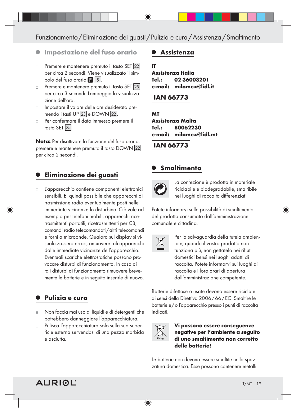 Impostazione del fuso orario, Eliminazione dei guasti, Pulizia e cura | Assistenza, Smaltimento | Auriol Z30237B_C User Manual | Page 19 / 45